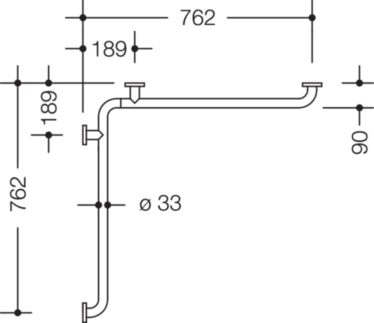 HEWI DU-Wannenhdl. Ser 805, edst., d:33mm, W1:762mm, W2:762mm