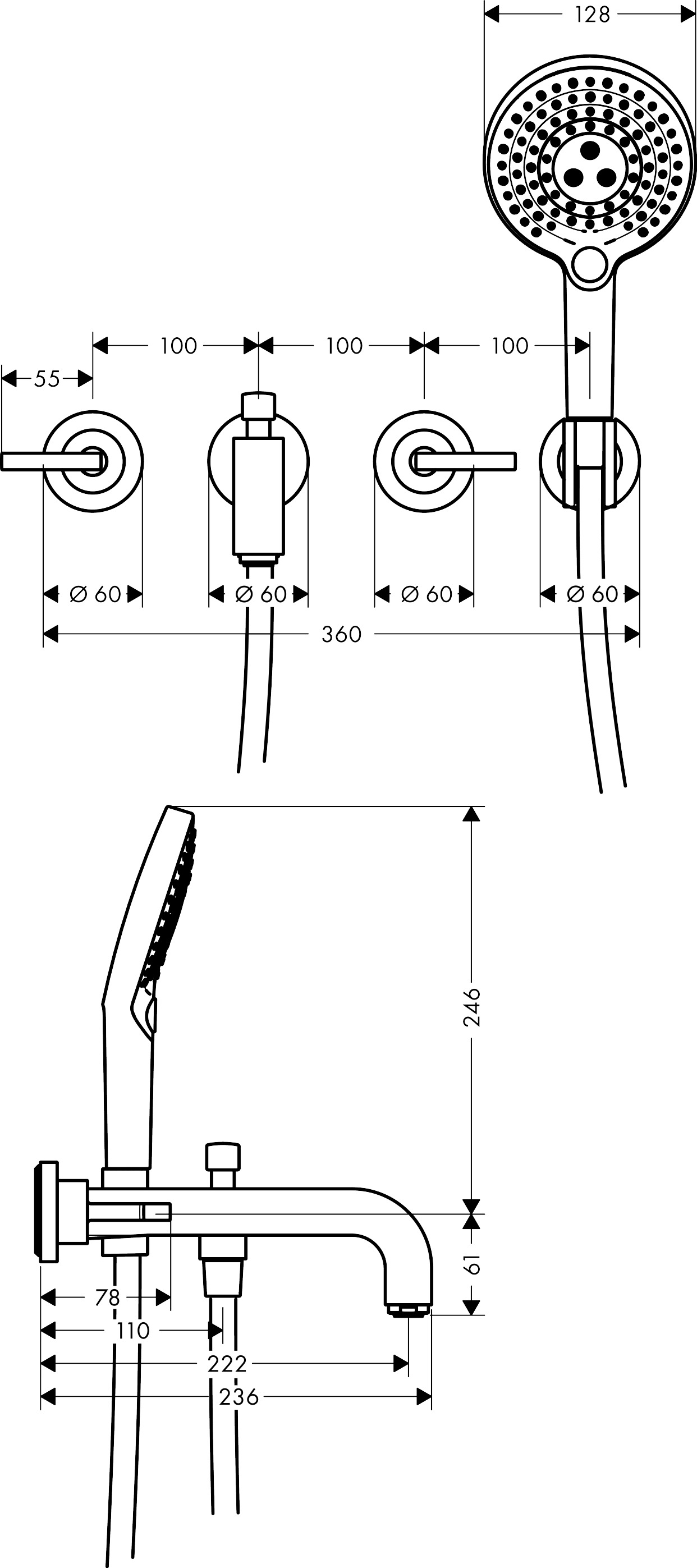Hansgrohe 3-L.Wannenarmatur Axor Citterio F-Set Wand BGO Hebelgriff/Handbr.ohne Platte