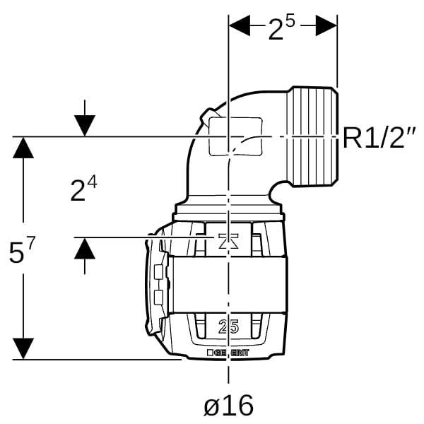 Geberit FlowFit Übergangsbogen 90Gr mit AG Rg+ 90Gr d16-R1/2