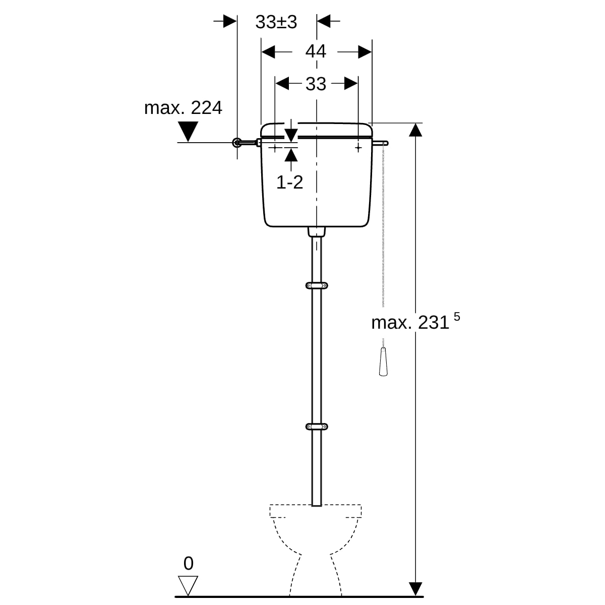 Geberit AP127 AP-Spülkasten, 1-Mengen-Sp. hochh. WA li/re, mit Kettenzug