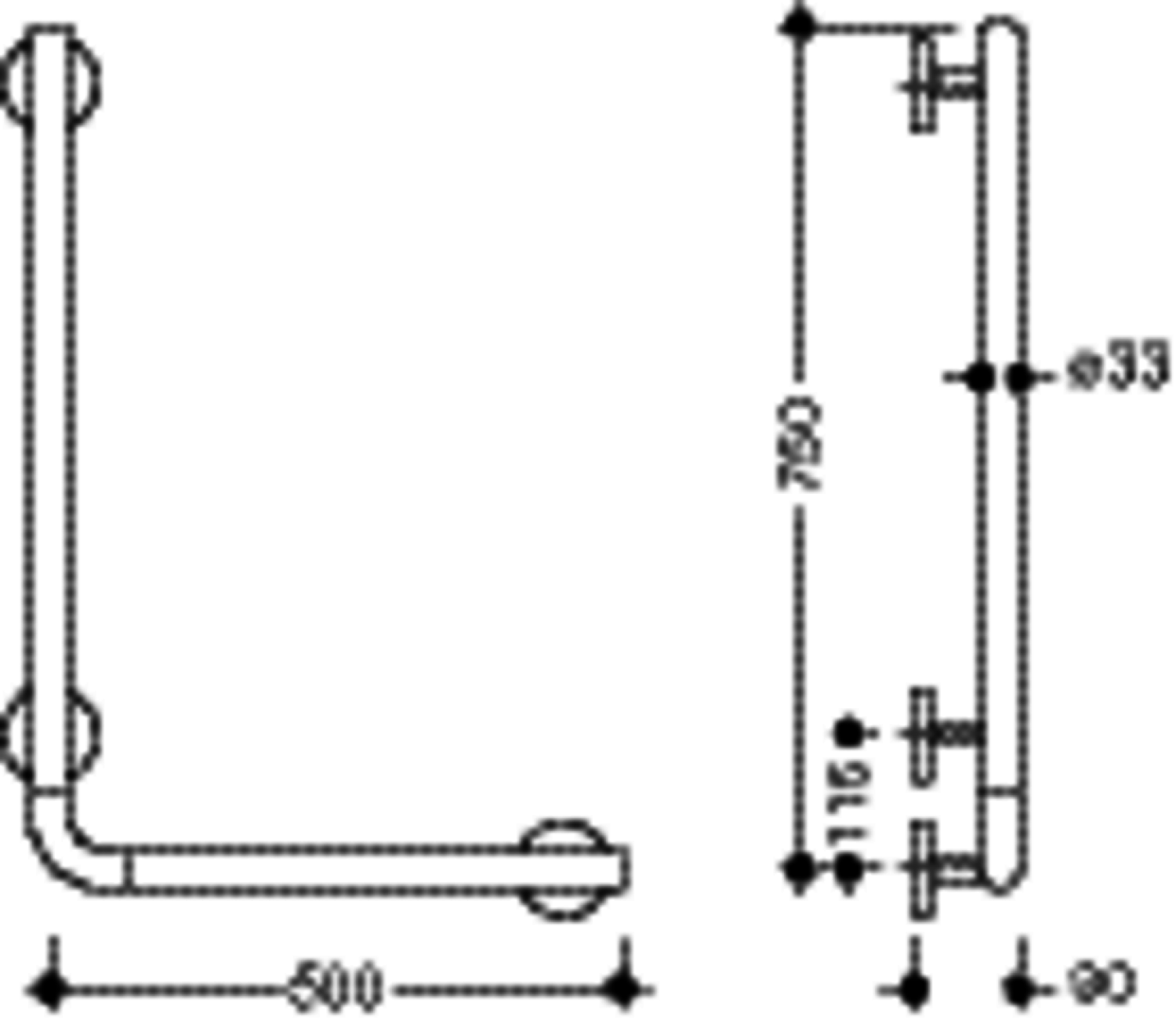 HEWI Winkelgriff, AM:750mm, W:500mm, unifarben signalweiß