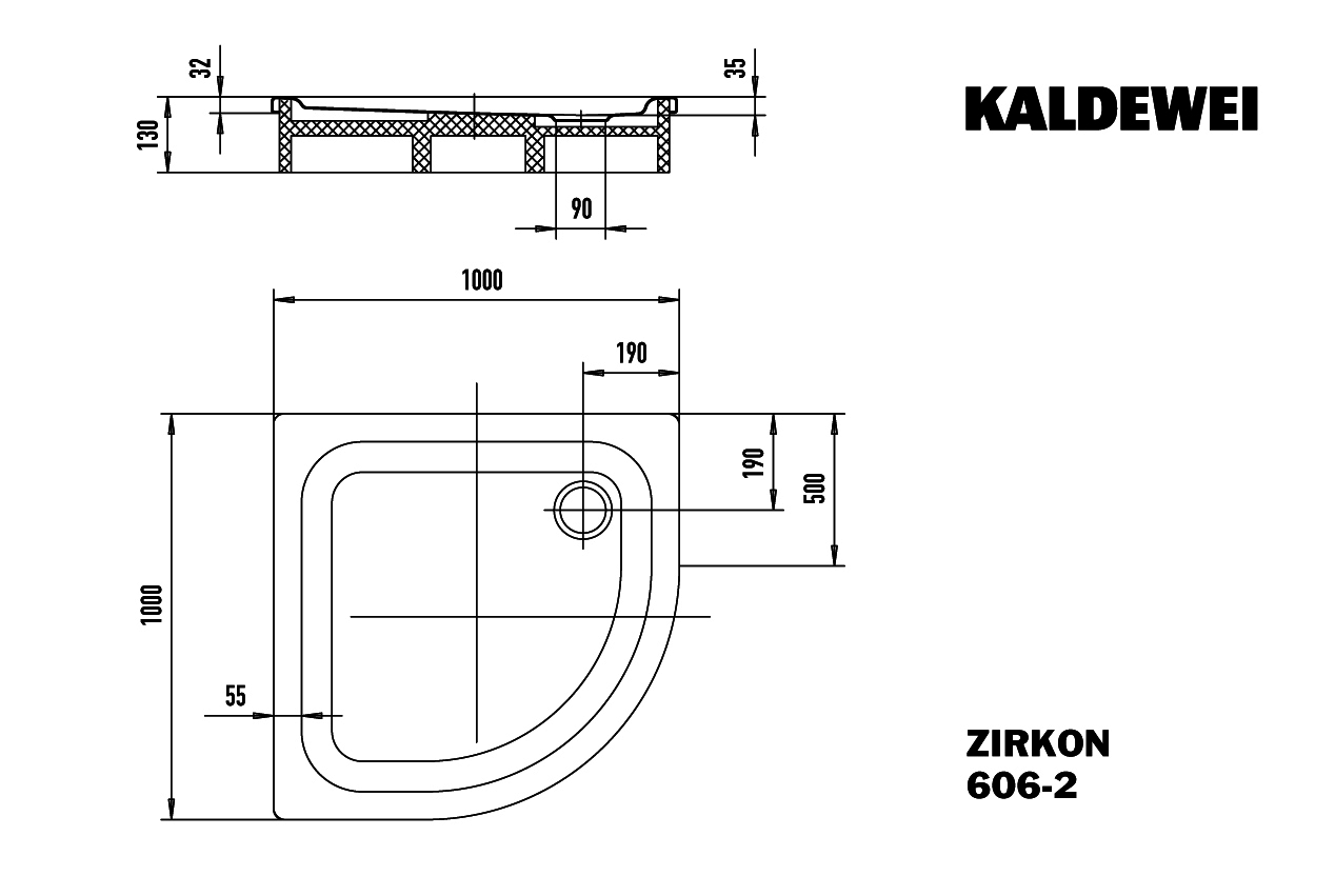 KA DW ZIRKON MIT WANNENTRÄGER Mod.606-2, 1000x1000mm,pergamon,mit Wannenträger