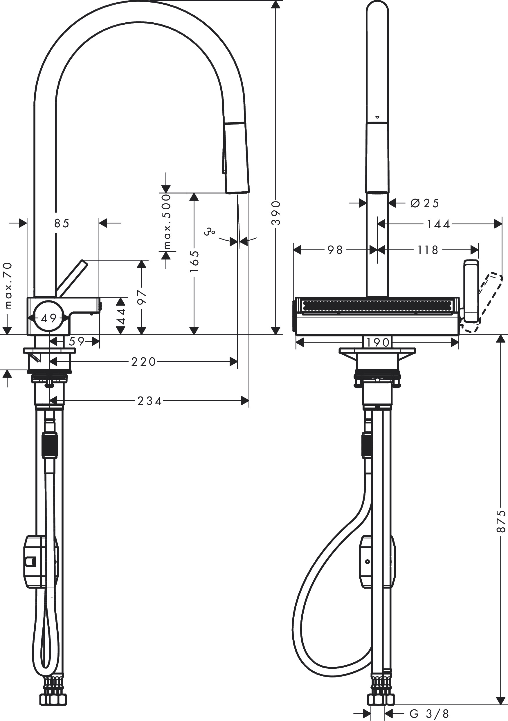 Hansgrohe Spültischmischer 170 Aquno Select M81 Ausziehbrause 3jet steel
