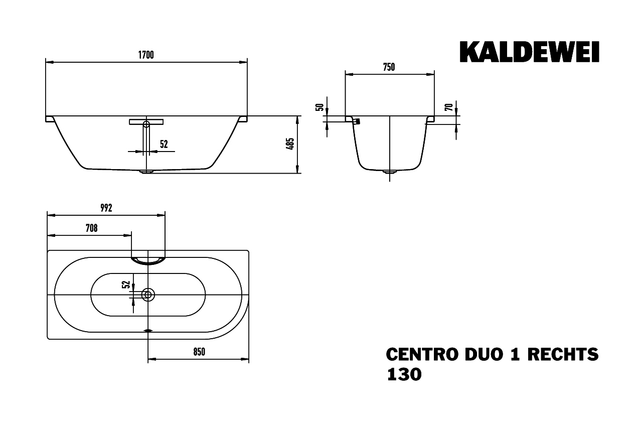 KA BW CENTRO DUO 1 RECHTS Mod.130,1700x 750mm,alpinweiß,Antislip