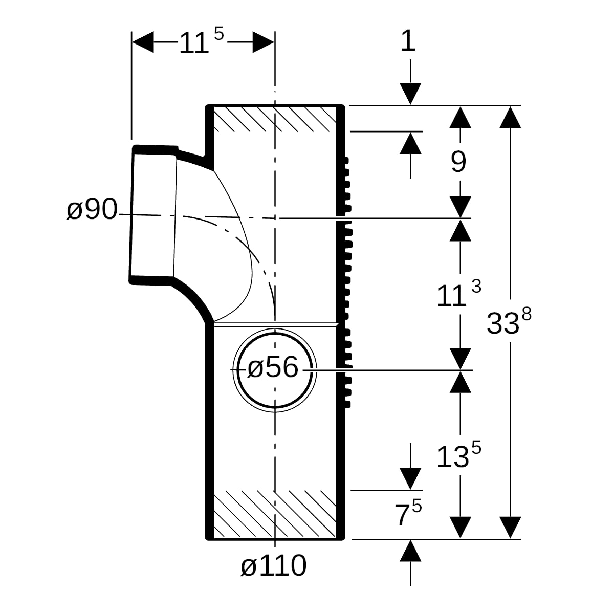 Geberit Silent-db20 Kombibogeneckabzweig 88,5Gr rechts d110/90/56