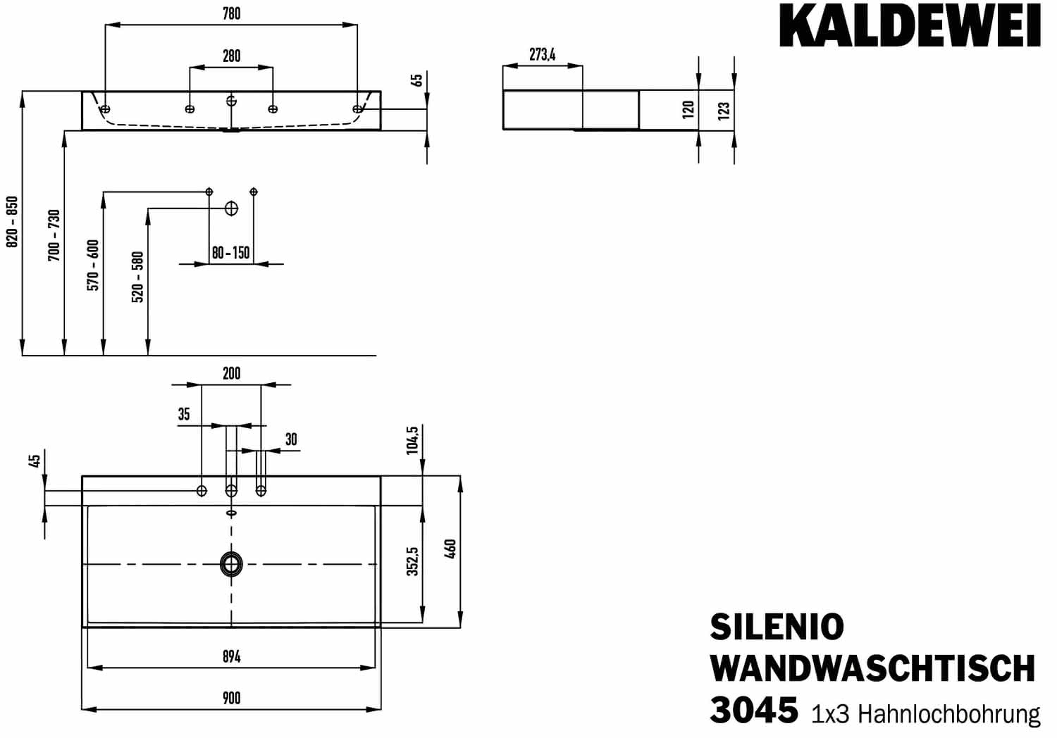 KA WB SILENIO WANDWASCHTISCH Mod.3045, 900x460mm,alpwe,PEFF,AD,m. 3HL,mÜL,chr