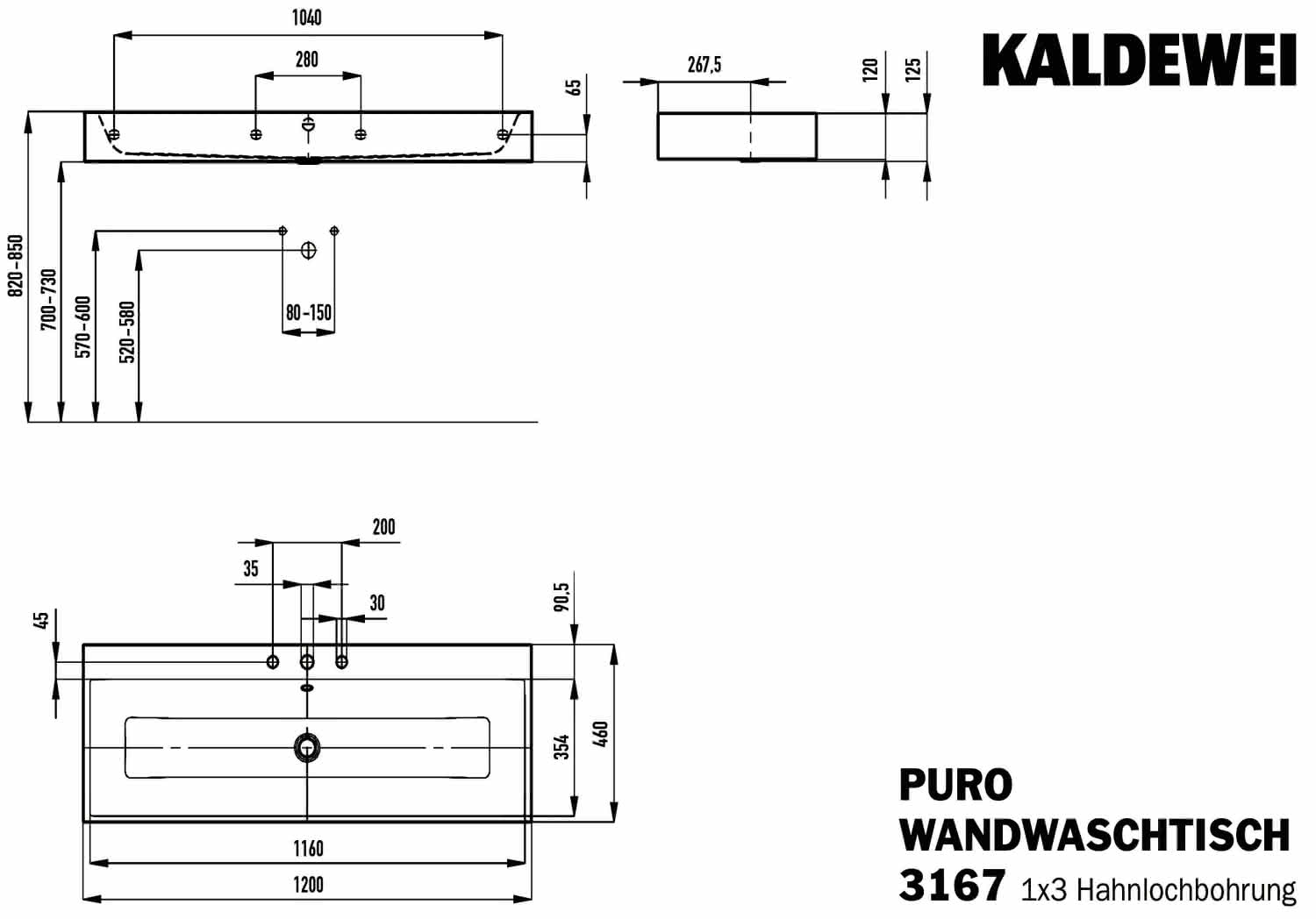 KA WB PURO WANDWASCHTISCH Mod.3167,1200x 460mm,alpwm,PEFF,AD,m. 3HL,mÜL,chr